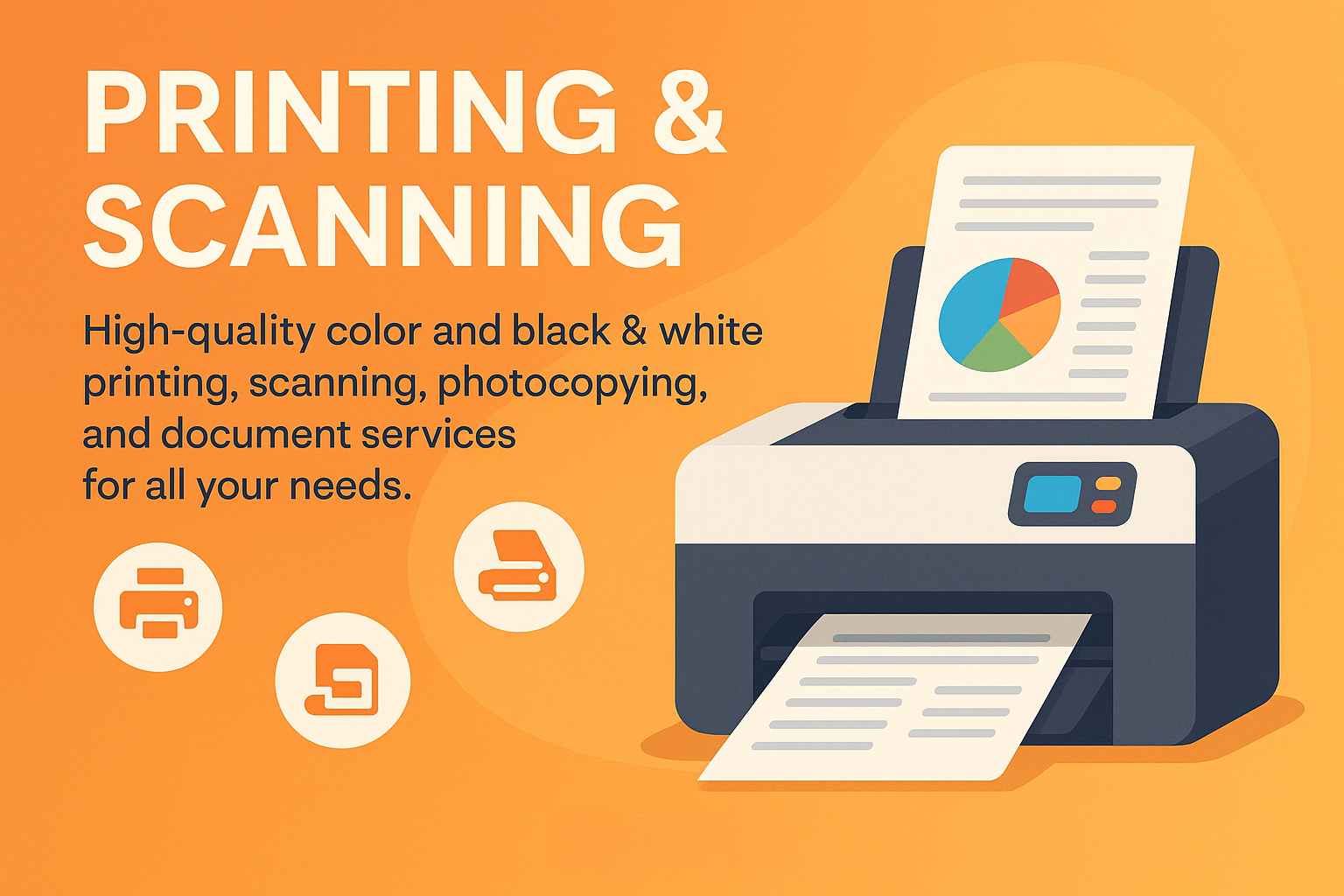 Professional printing and scanning setup with color printer and documents